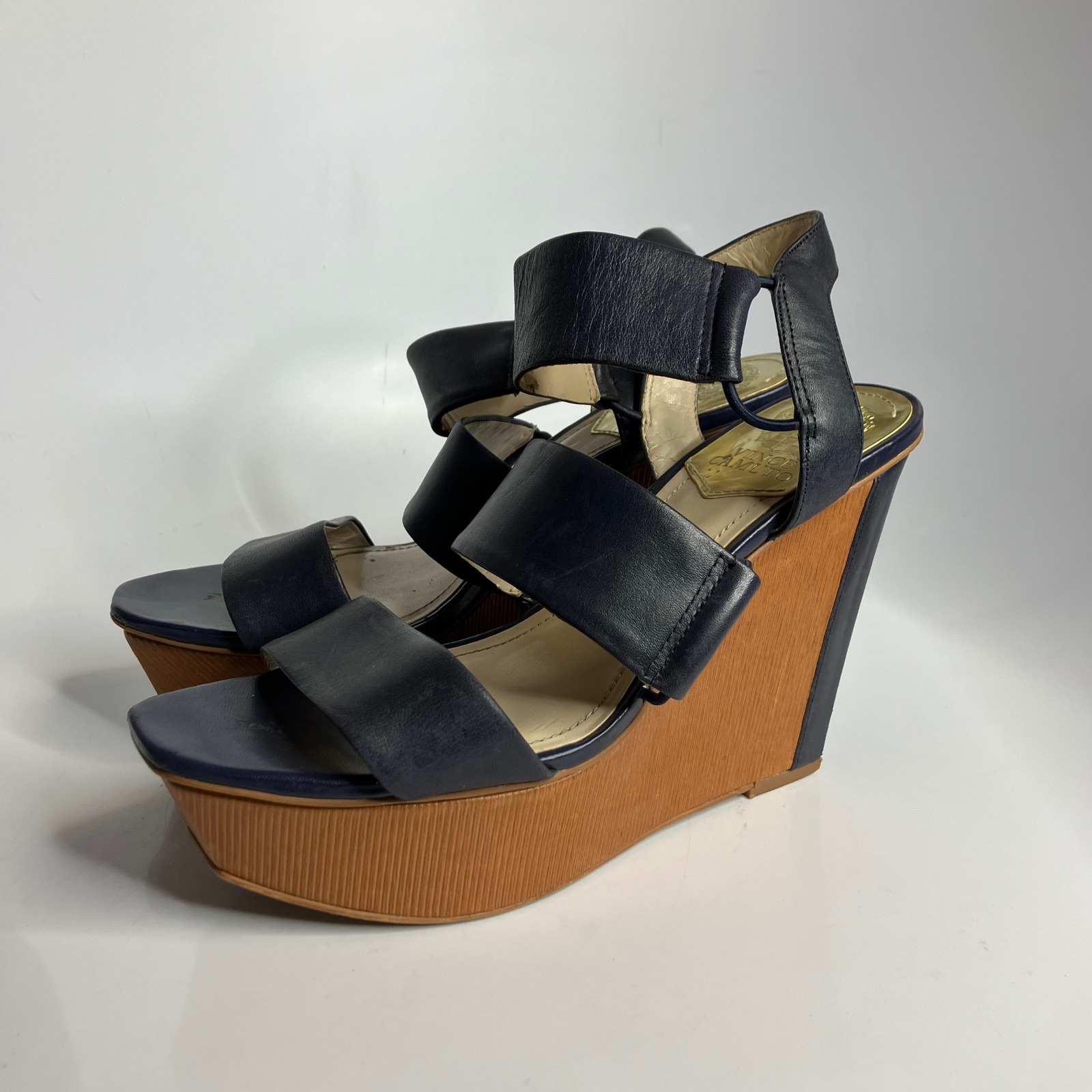 Vince Camuto Niskera Blue Leather Strappy Sandals Platform Square Toe Womens 8.5